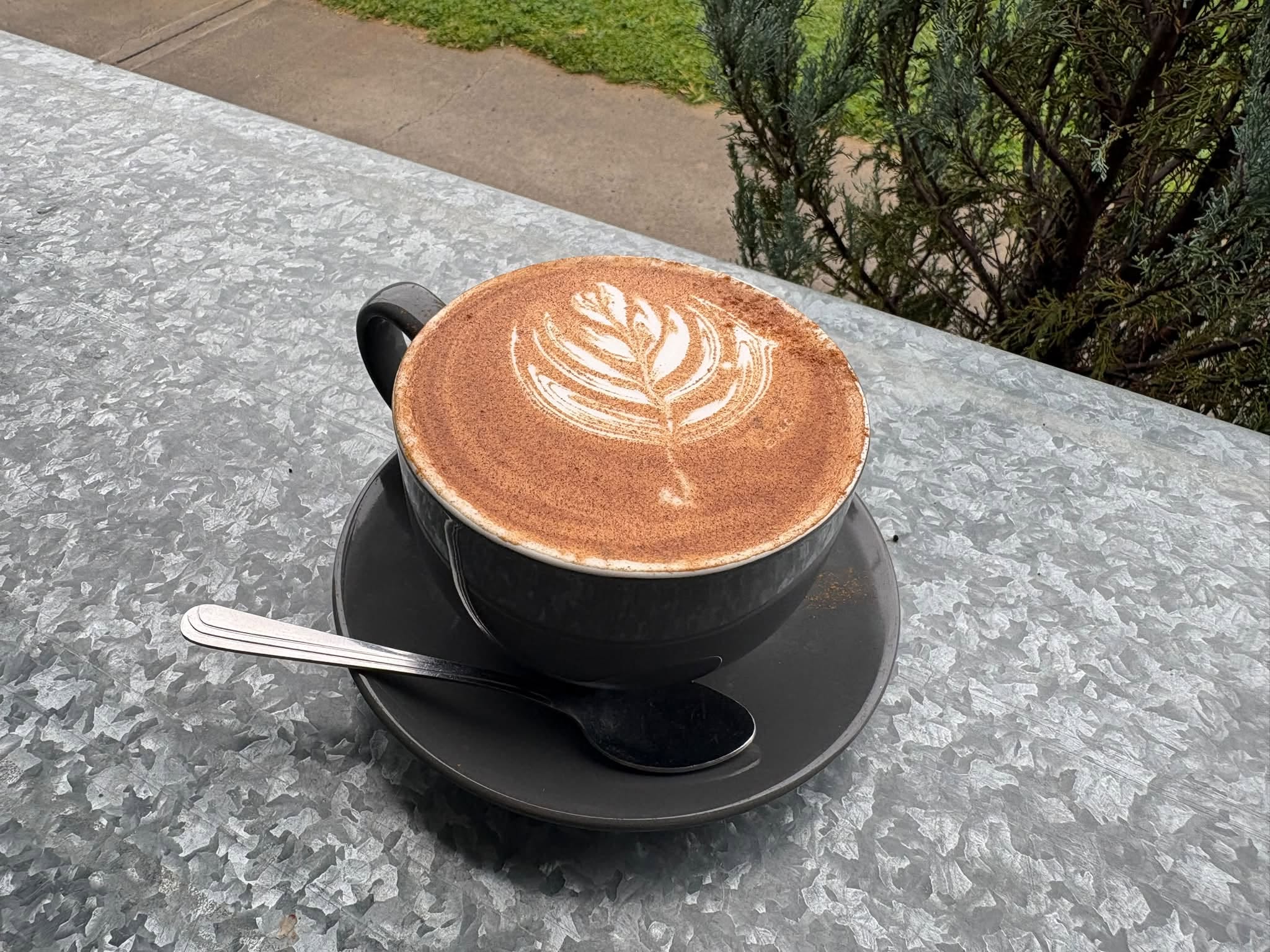 Cappuccino with leaf-shaped latte art on a metal table in the Coogle Cafe garden